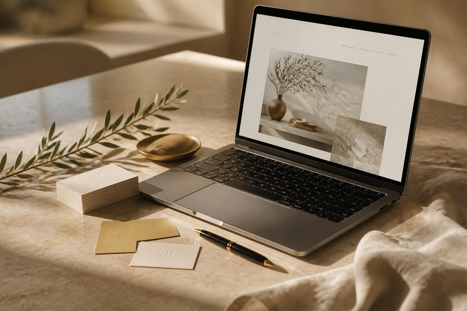 Lorelle Creative branding displayed on a MacBook with business card on stone surface